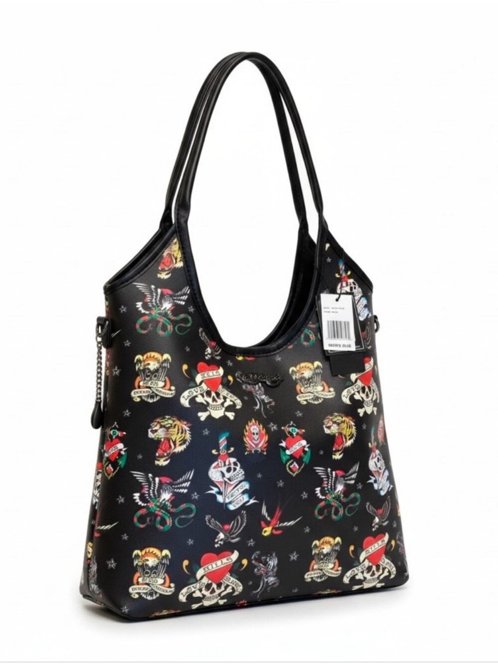 Ed Hardy Black Tattoo-Print Shoulder Tote NWT